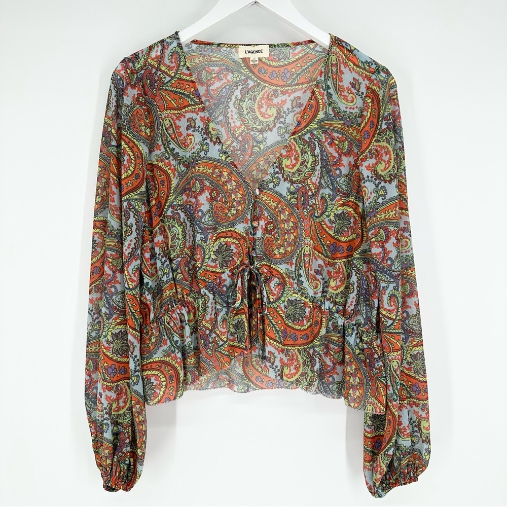 L'agence Pixie Bohemian Long Sleeve Paisley Print Crepe De Chine Blouse - Picture 1 of 13